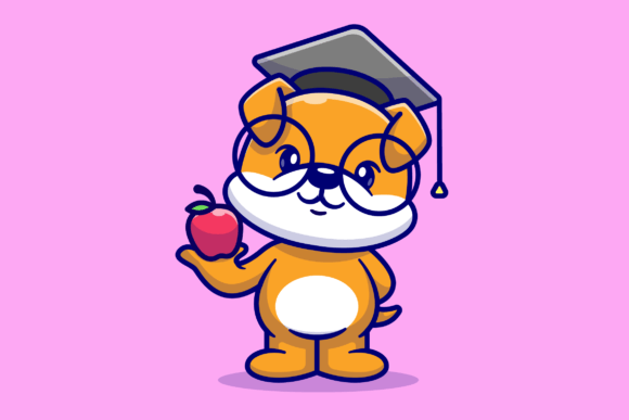 Cute Dog Holding Apple with Graduation